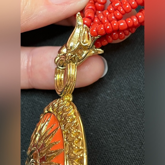 Vintage Bob Mackie Orange & Gold Sun Pendant Red Beaded Necklace - Picture 7 of 9